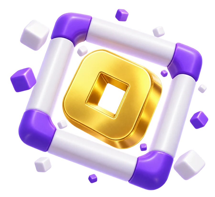 A floating white and violet block portal with a gold token