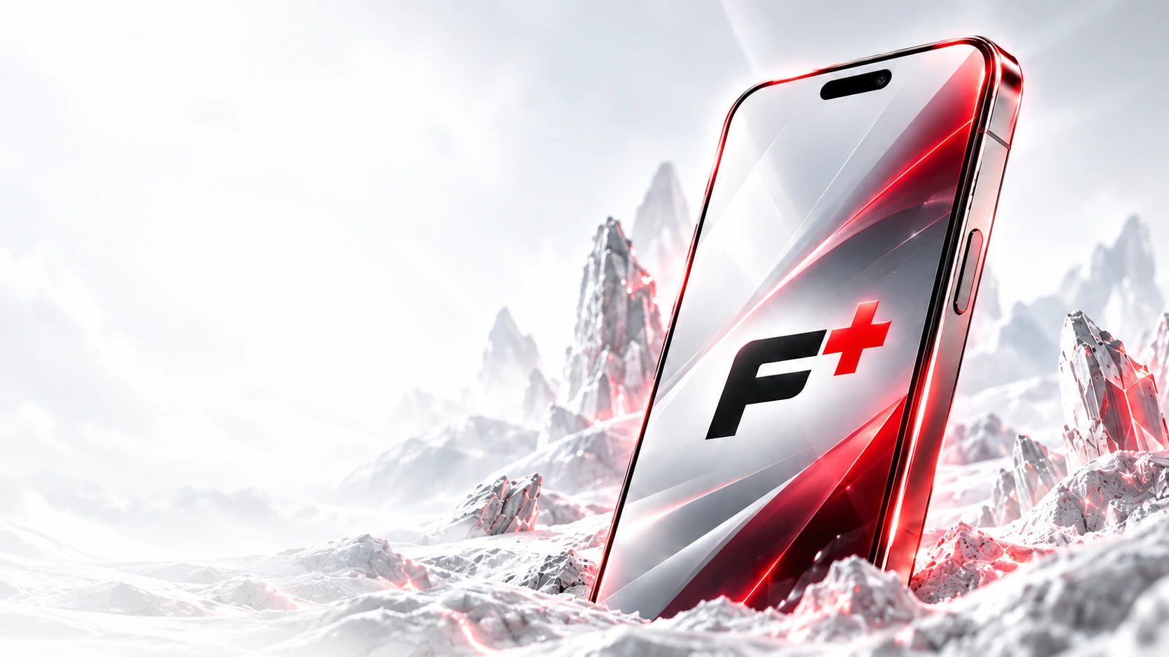 A metallic red phone displaying F+ in a white crystalline landscape
